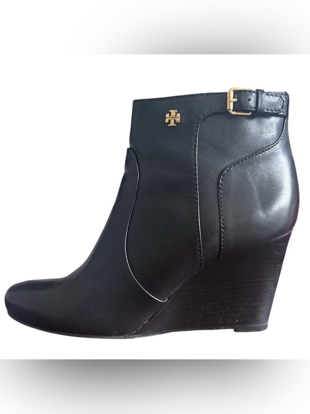 Tory Burch Milan 85mm Wedge Leather Booties Black Gold Logo Size 8